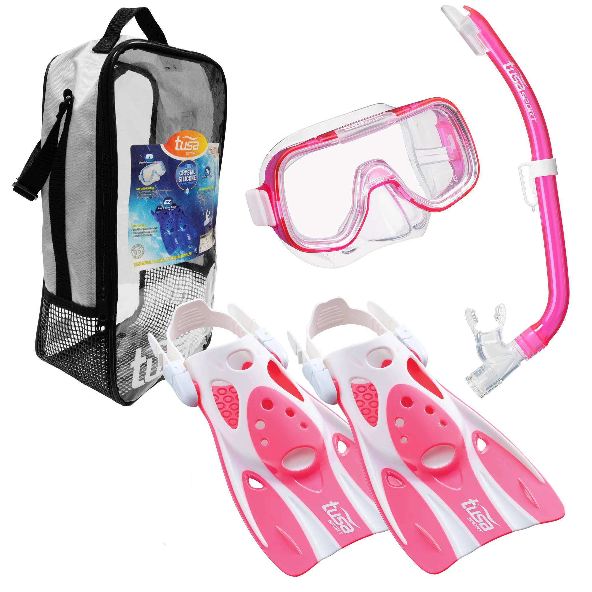 TUSA Sport Youth Mini-Kleio Hyperdry Mask, Snorkel, \u0026 Fins Travel Set, Clear Pink, Medium